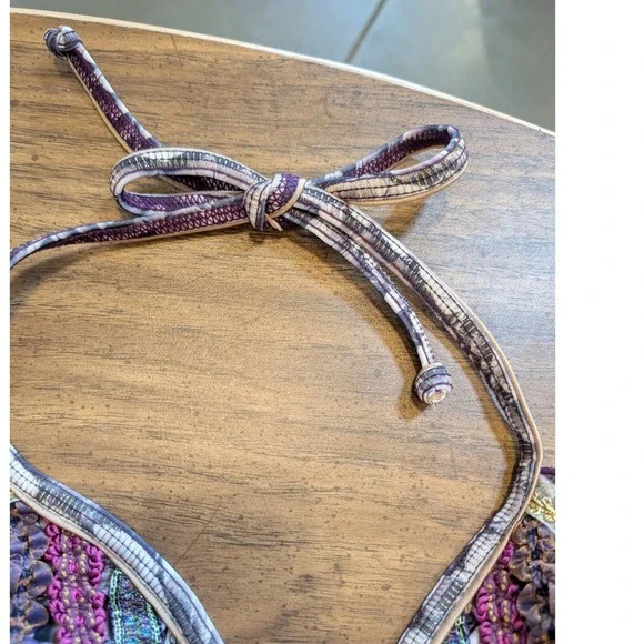 Agua Bendita Bikini Set Small Purple Feather Ribbon Embroidered Brazil Scrunch - Picture 9 of 15